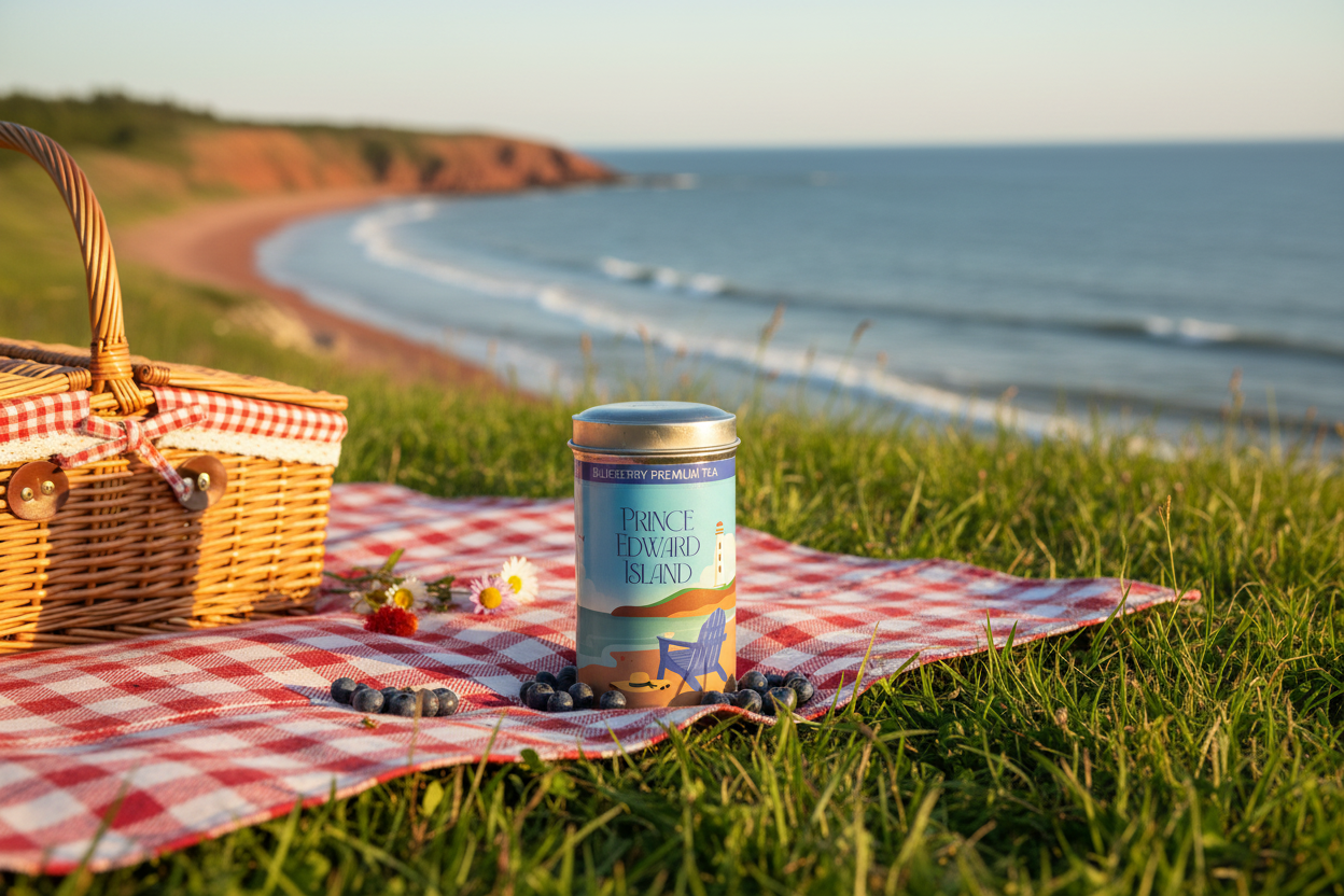 Tea canister with Prince Edward Island design on a white background