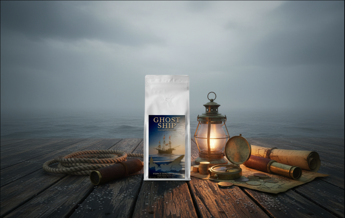 Book titled 'Ghost Ship' on a wooden deck with a lantern and nautical items against a stormy sea background.