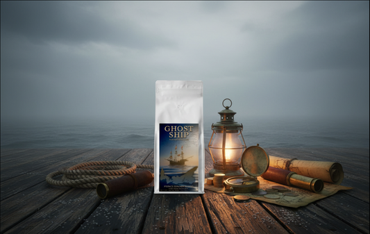 Book titled 'Ghost Ship' on a wooden deck with a lantern and nautical items against a stormy sea background.
