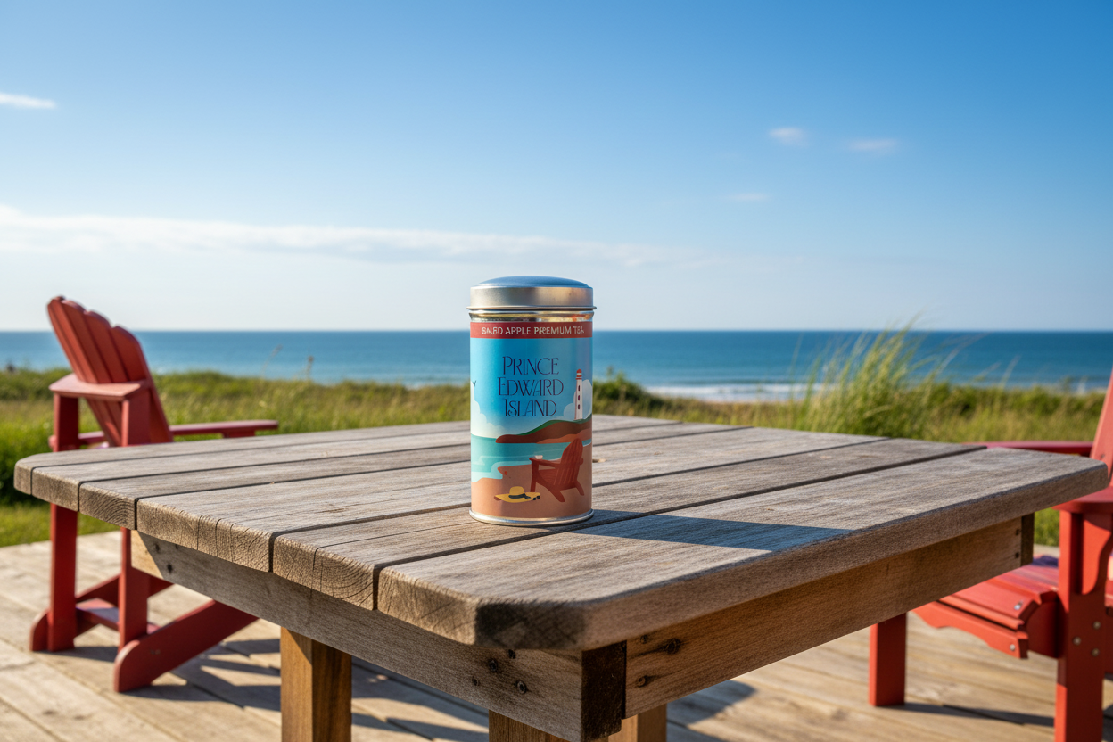 Tea canister with Prince Edward Island design on a white background